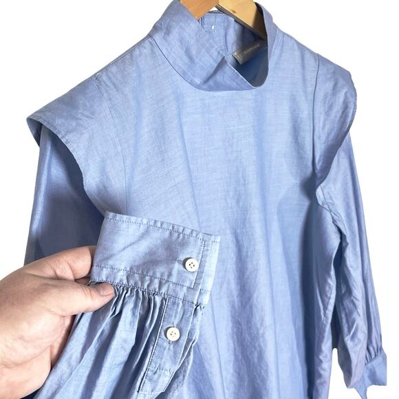 NWT EVERLANE Women’s Blue Wing Shoulder Bishop Sleeve Stand Collar Top - Picture 5 of 6
